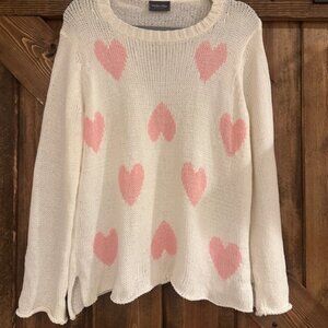 Wooden Ships Paola Bendia | Pink Hearts on Cream Knit Sweater Sz M/L